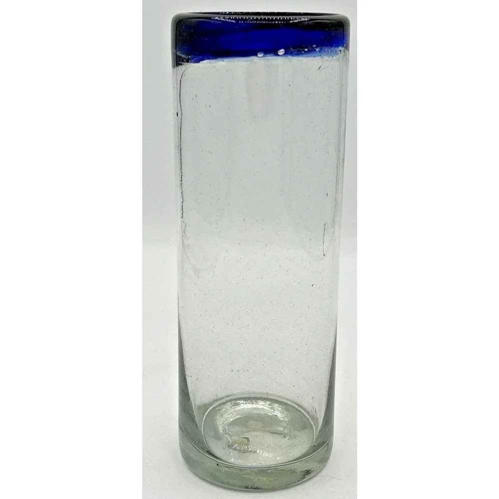 Vintage Blue Rimmed‎ Clear Glass Vase 7